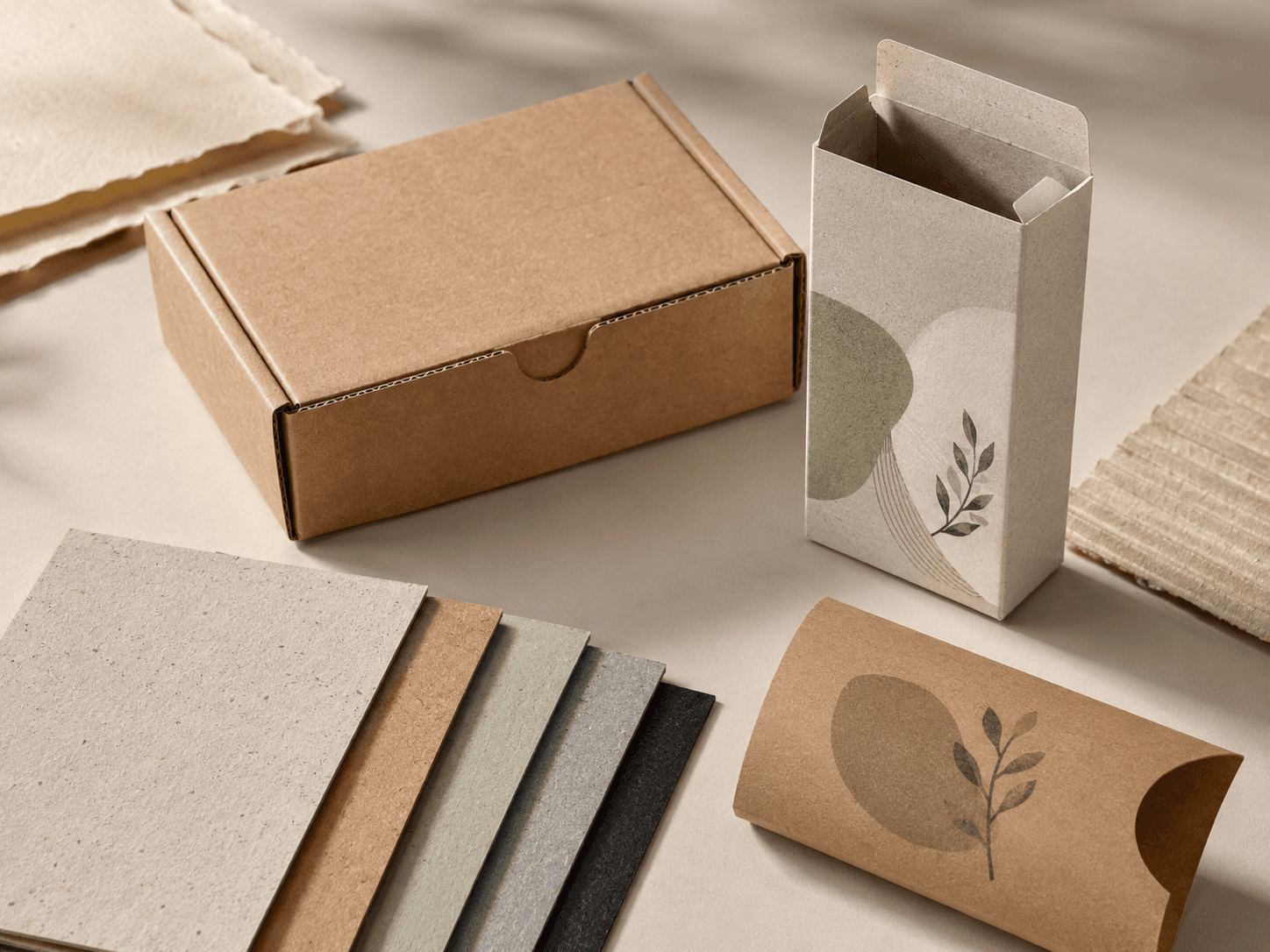 Natural kraft and recycled paperboard packaging samples arranged to show understated sustainable material choices.