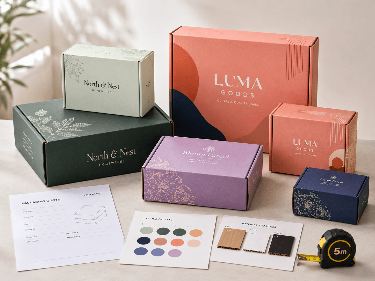 Custom printed mailer boxes with packaging quote sheets, colour cards and material swatches.
