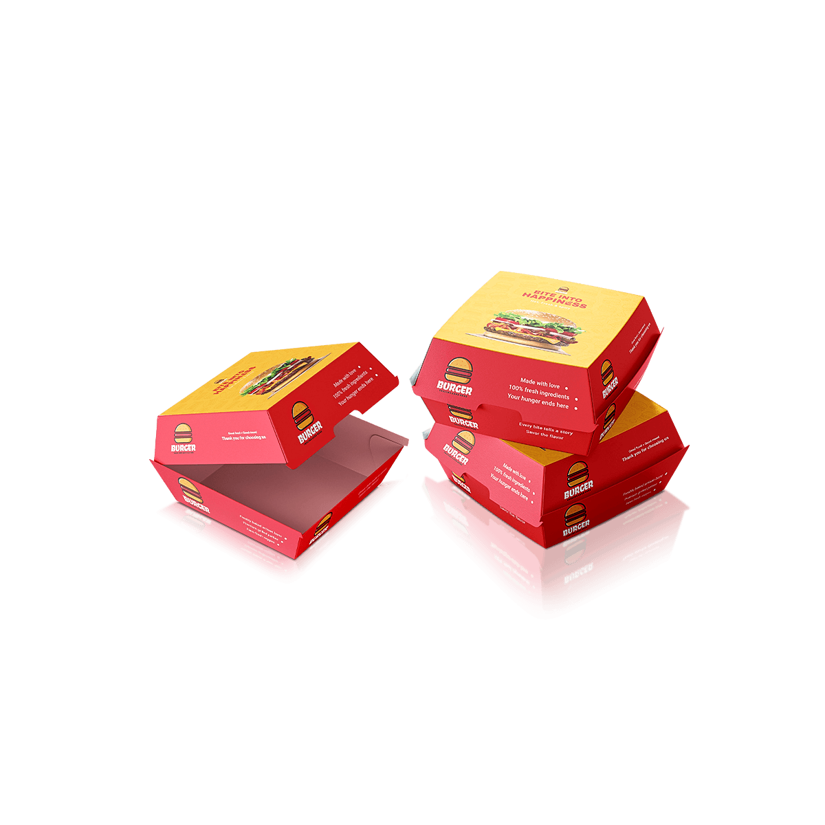 Custom burger boxes with printed cardboard packaging for takeaway burgers, street food and restaurant service