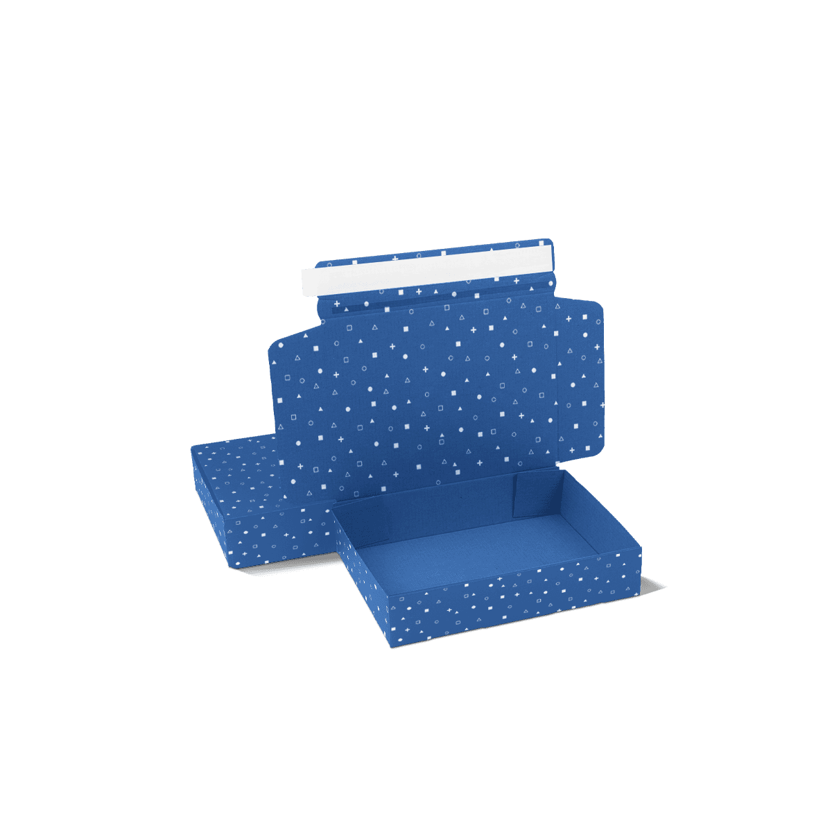 Printed postal boxes in kraft and white corrugated board with secure tuck closures, arranged for reliable branded product delivery.