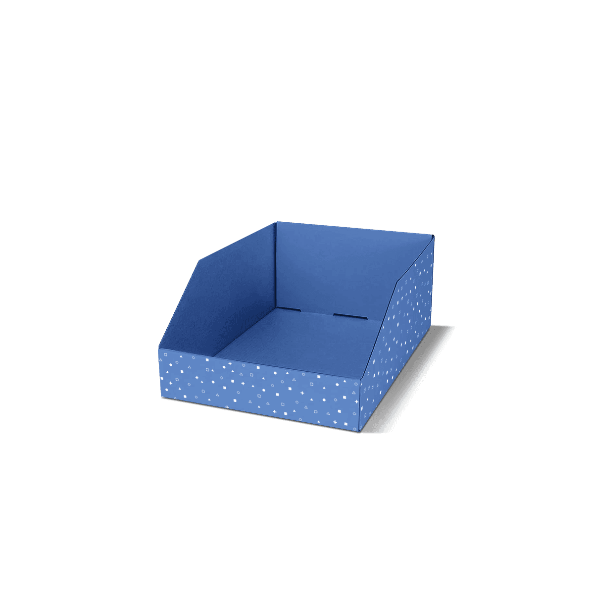 Shelf ready display boxes in printed corrugated board with open fronts, shown filled with retail products for easy stocking and merchandising.