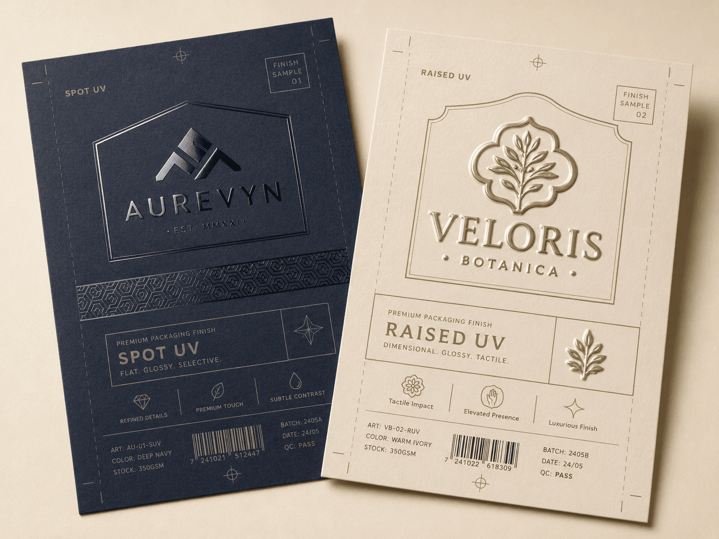Two custom packaging sample cards showing glossy Spot UV on one card and thicker Raised UV on the other.