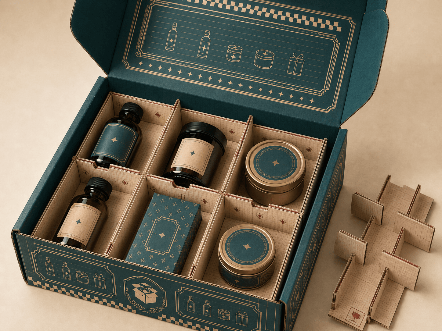 Open custom box with internal cardboard dividers separating multiple products into individual compartments for protected handling.