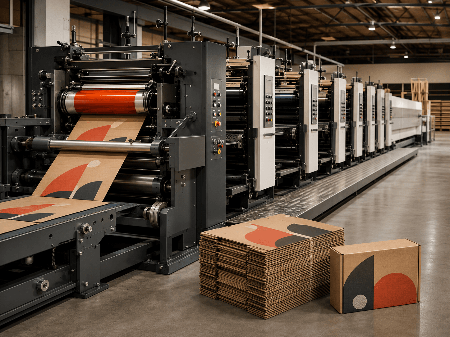 Flexographic press printing corrugated board sheets for mailer box packaging.