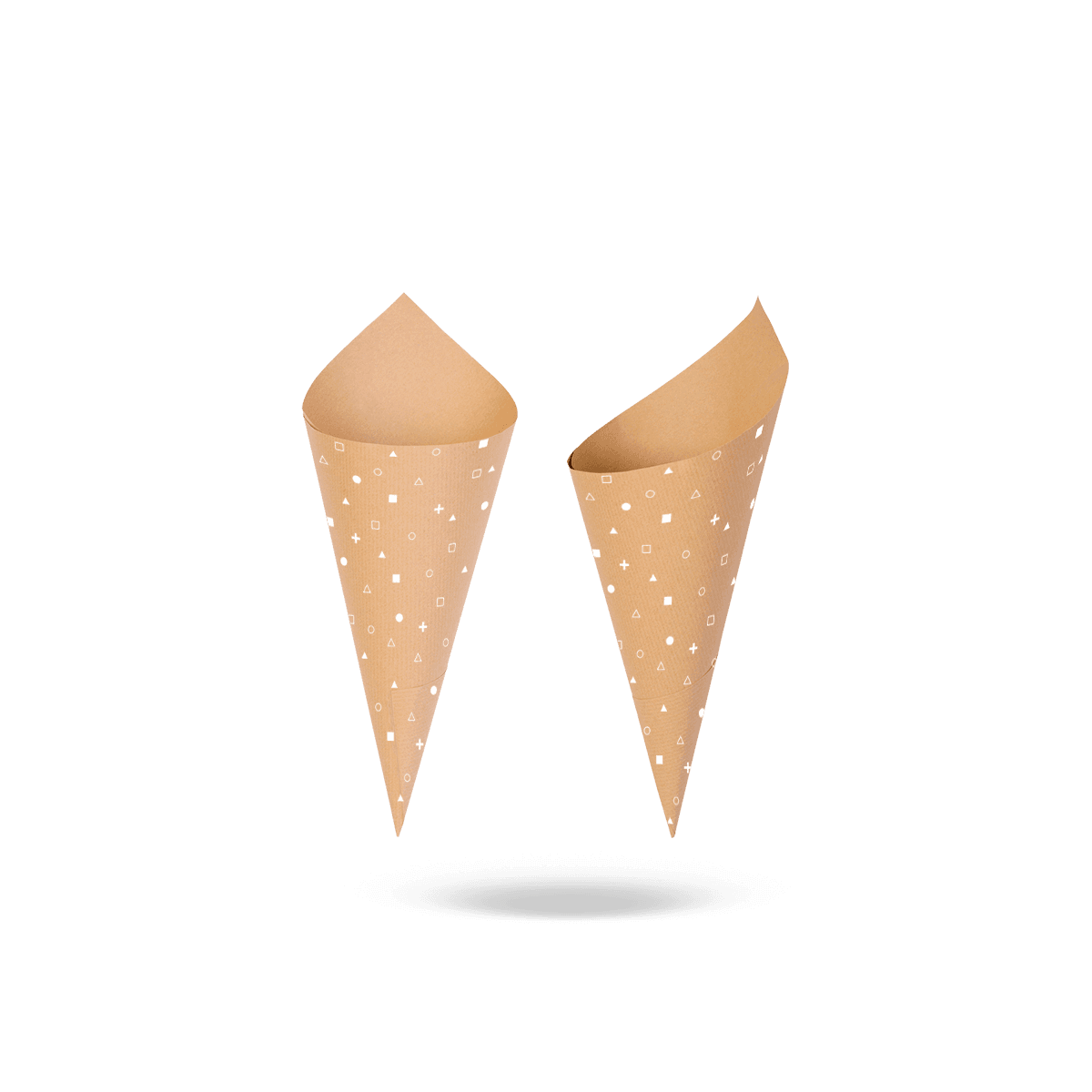 Kraft cone sleeves made from natural brown paperboard with simple printed branding, shown for takeaway cones and dessert packaging.