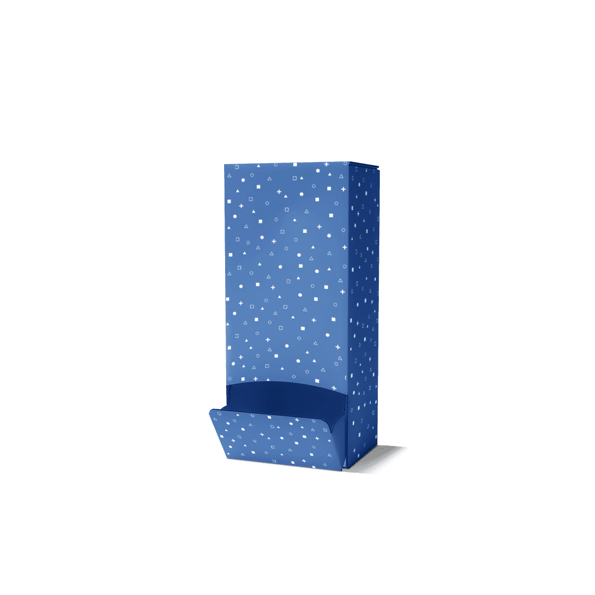 Dispenser display boxes with front dispensing openings and printed cardboard surfaces, arranged for easy product access at retail counters.