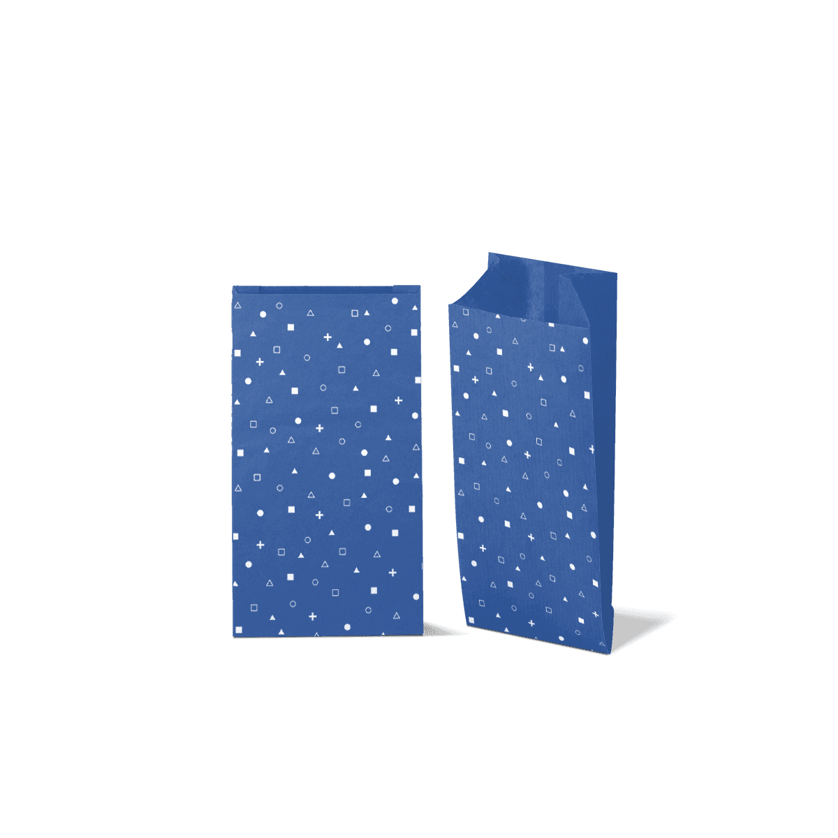 Pinch bottom paper bags with neat sealed folds and printed kraft surfaces, styled for bakery, confectionery and dry product packaging.