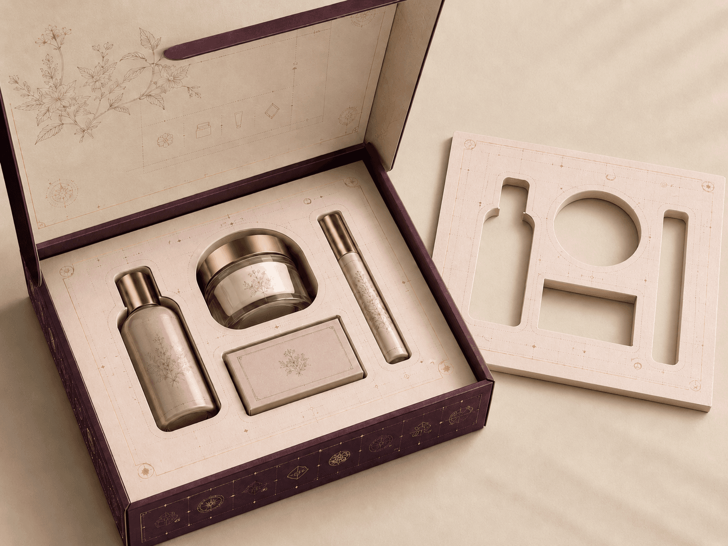 Open luxury paperboard box with precision die cut insert shaped around bottles, jars and gift items.