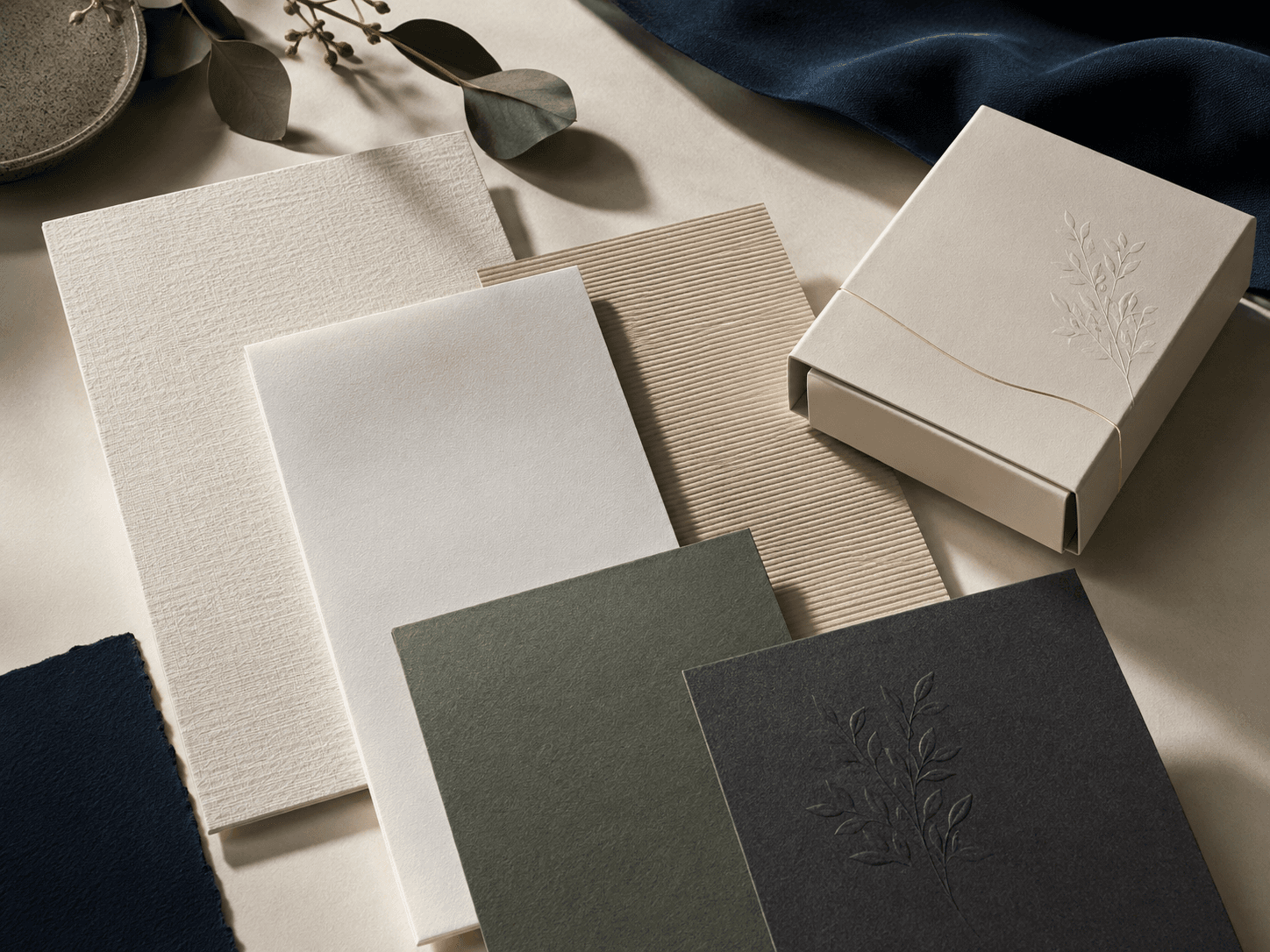 Textured and speciality board swatches with embossed premium packaging sample.