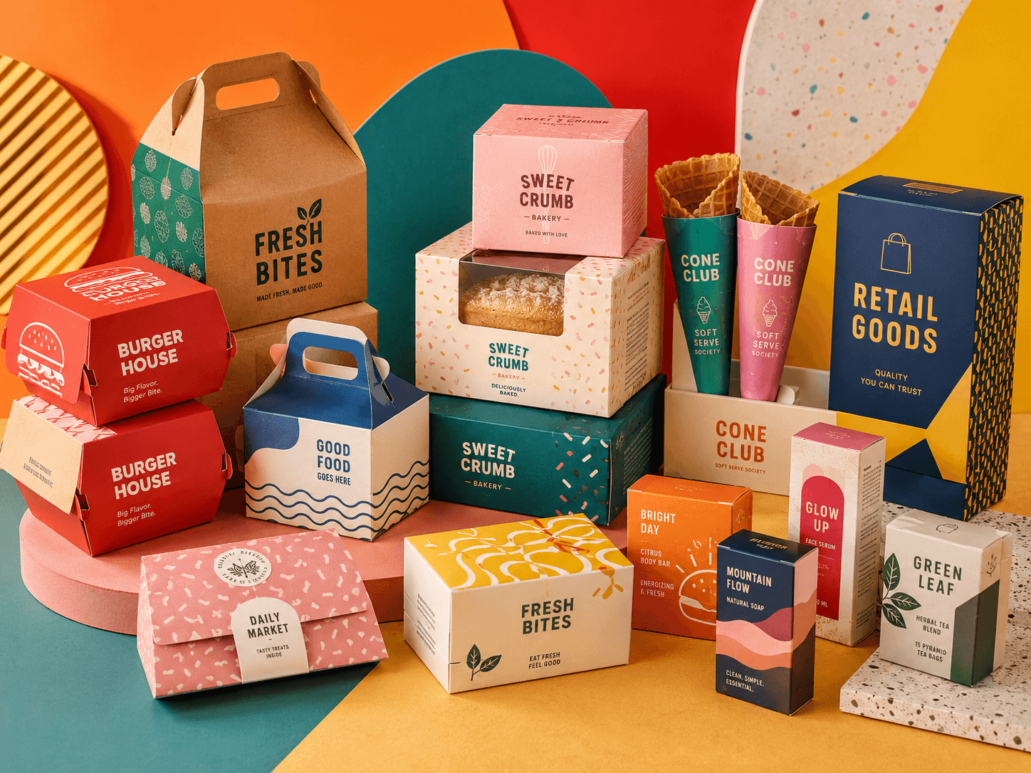 Food and retail packaging including burger boxes, bakery cartons, cone sleeves and printed product boxes.