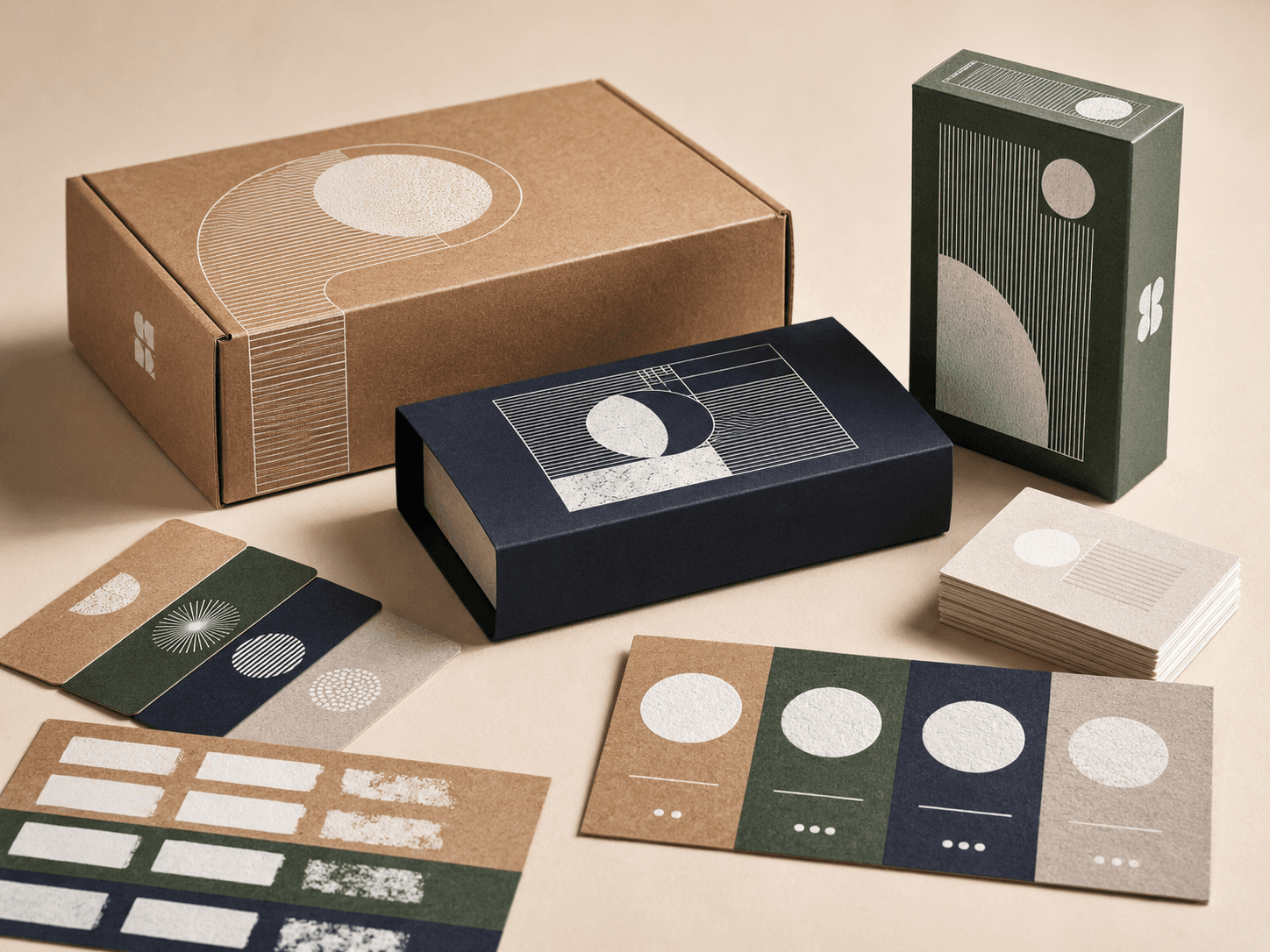 White ink printed packaging on kraft and dark stocks showing strong contrast and clean detail.