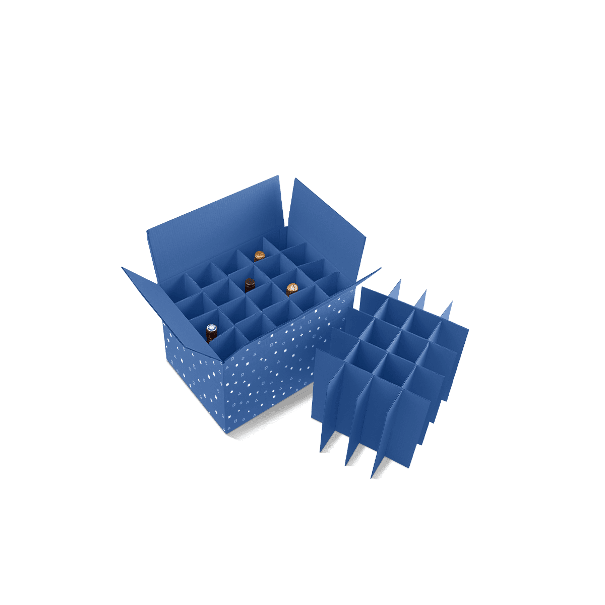 Cardboard bottle dividers with tall protective partitions, shown inside a corrugated box for glass bottles, sprays and liquid product packaging.