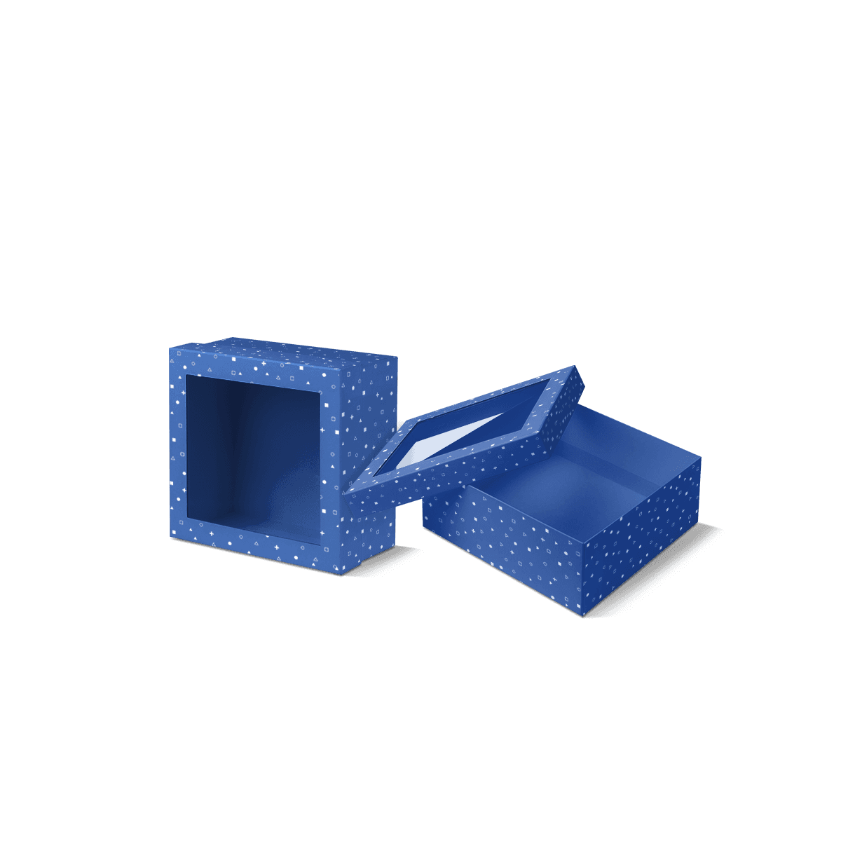Paperboard window boxes with die cut front openings and printed carton panels, shown for clear product visibility and retail display.