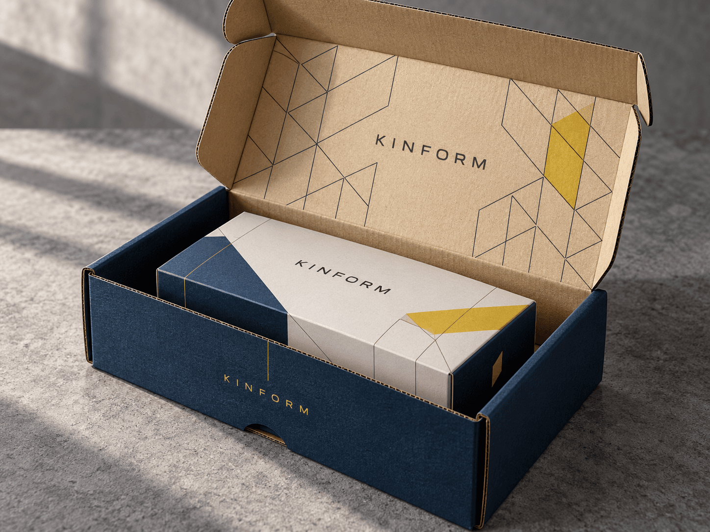 Branded mailer box opened to reveal a coordinated retail carton with controlled logo placement and interior colour.