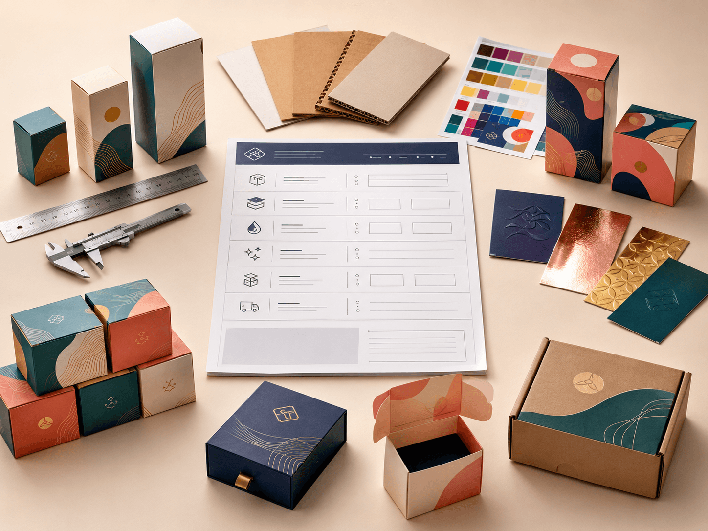 Custom packaging quote planning scene with box samples, material swatches, finish options and delivery details.