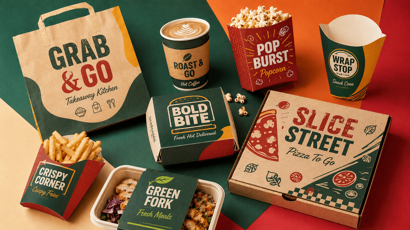 Custom takeaway food packaging including burger boxes, pizza boxes, fries trays, food trays, paper cups, popcorn boxes and cone sleeves.