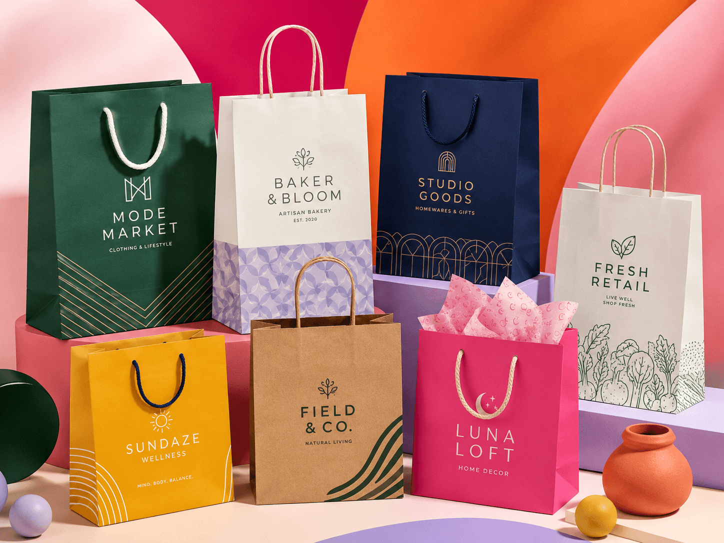 Printed paper bags with handles for retail, takeaway and branded shopping use.