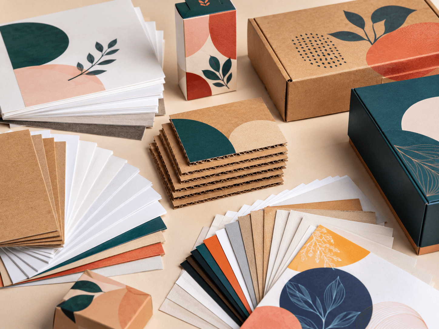 Colourful premium packaging material samples showing paperboard, kraft, corrugated board and rigid board for custom packaging.
