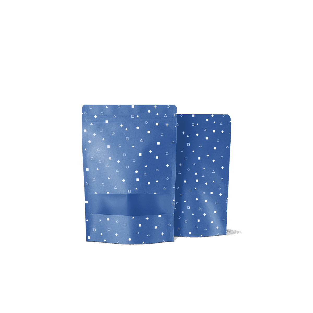 Custom printed stand up mylar bags with bottom gussets and resealable tops, shown upright for premium snacks, pet treats and supplement packaging.