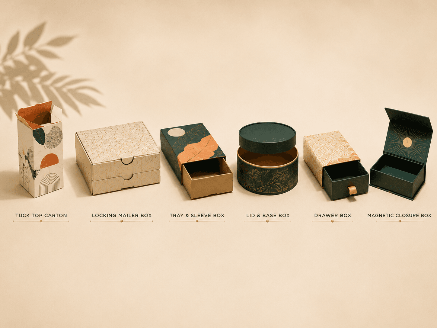 Packaging display showing tuck, lock, sleeve, lid, drawer and magnetic opening styles with bold printed designs.