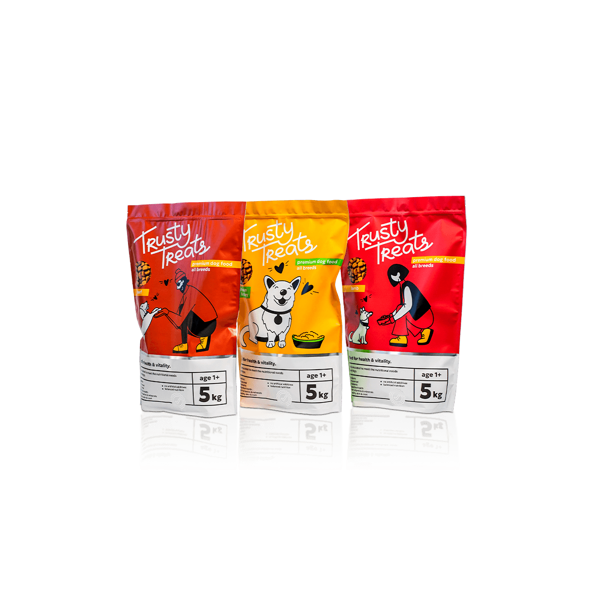 Custom dog treat Mylar bags with printed pouch packaging for pet snacks, chews and resealable treats