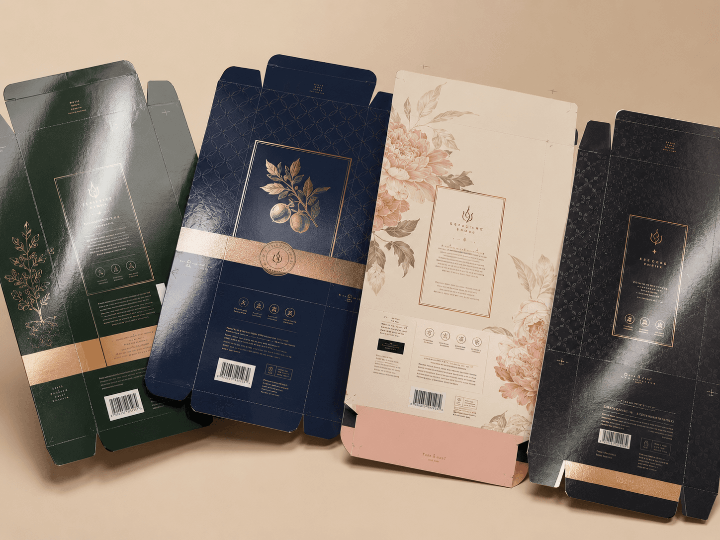 Gloss laminated flat packaging artwork samples showing shiny finish and custom printed packaging details.