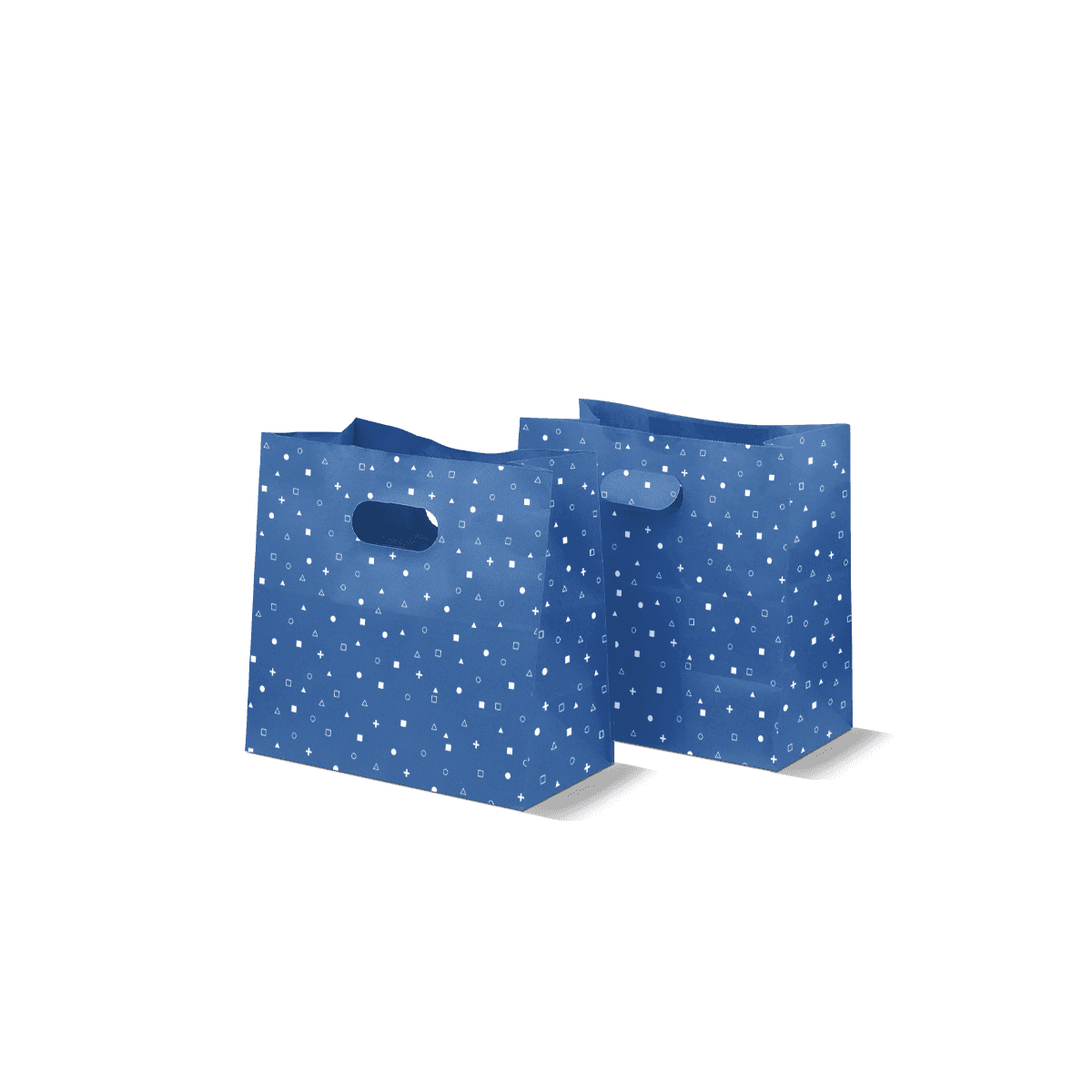 Die cut handle paper bags with clean cut-out handles and minimal printed artwork, displayed as sleek retail carry packaging.