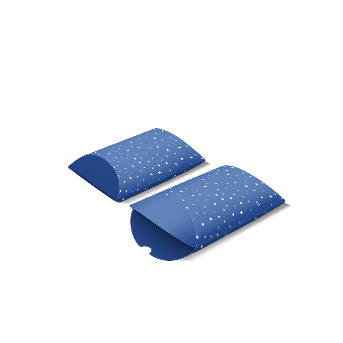 Curved pillow boxes in printed card stock with folded end closures, arranged for small gifts, accessories and lightweight retail products.