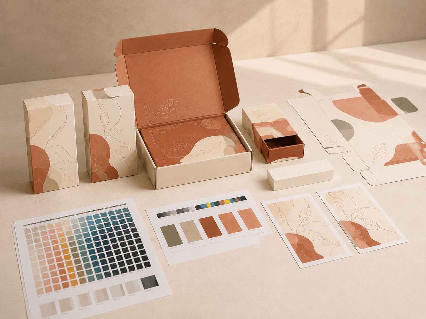 Colour proofing desk with packaging samples, swatches and approved print proofs for consistent production.