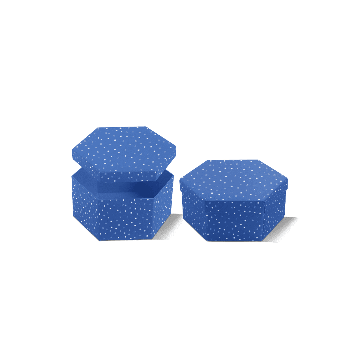 Hexagon paperboard boxes with geometric printed panels and crisp folded edges, displayed as distinctive gift and speciality product packaging.