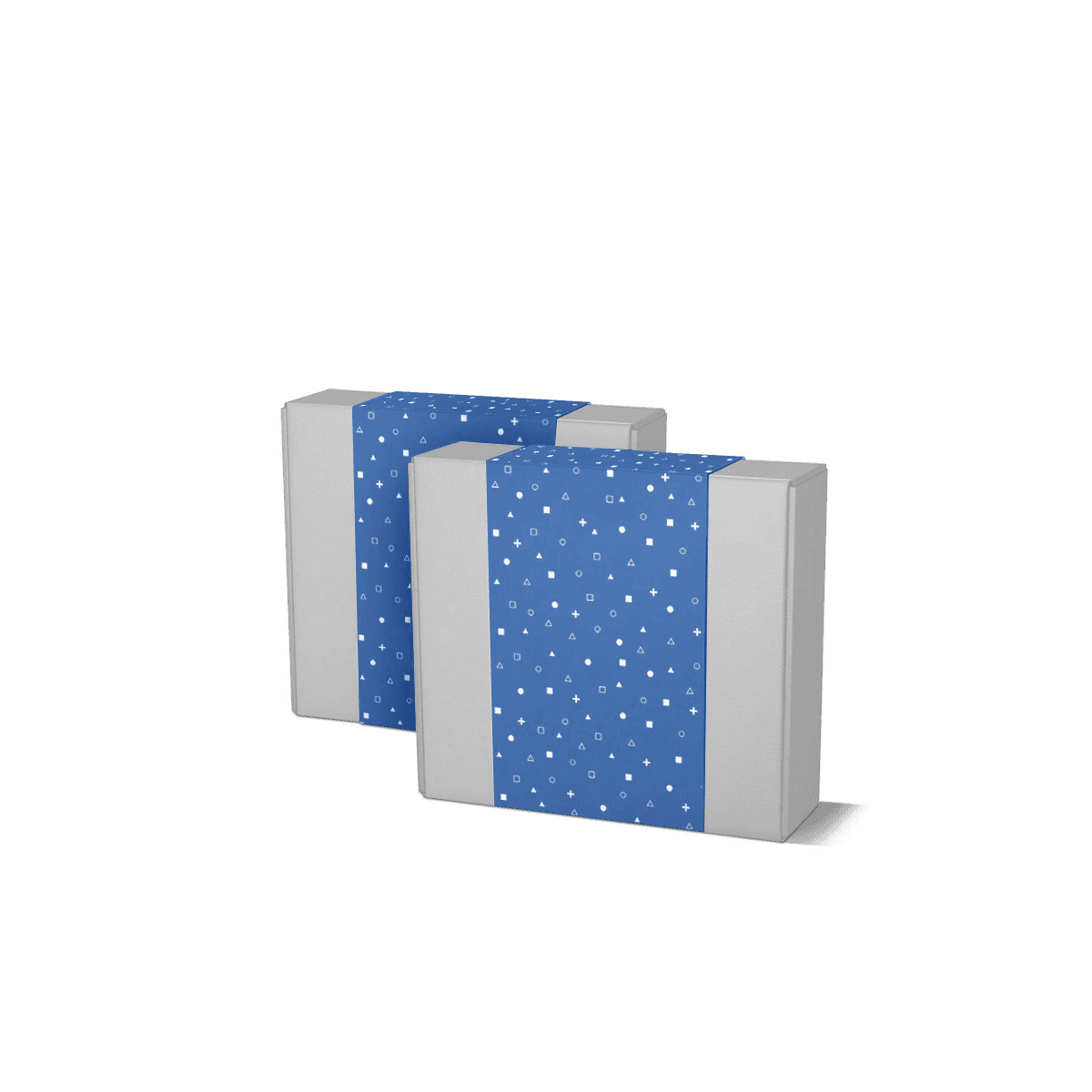 Printed belly band packaging wrapped around kraft and white paperboard boxes, showing a neat branded outer band for retail products.
