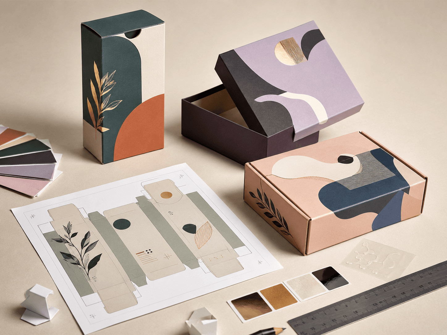 Printed packaging prototypes arranged for reviewing artwork placement, colour, finish and presentation before production.