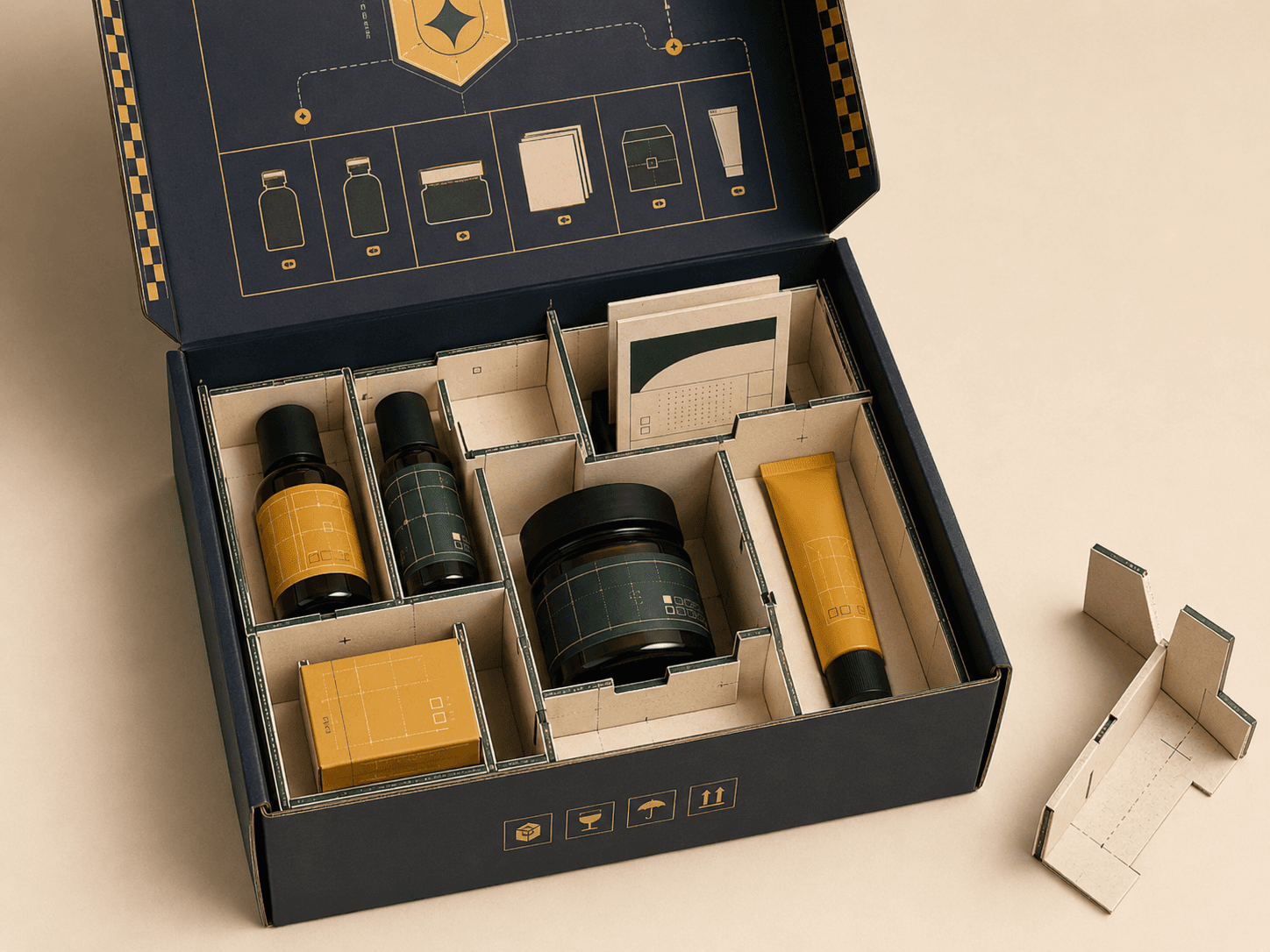 Open custom presentation box with paperboard partition insert creating organised compartments for grouped products.
