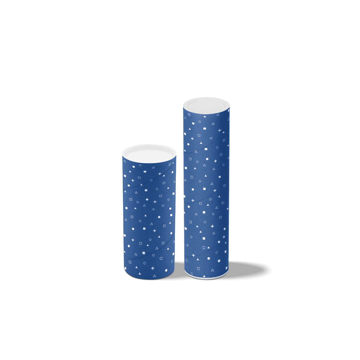 Printed cardboard mailing tubes with secure end caps, arranged for posters, documents and rolled product shipping on a warm studio surface.