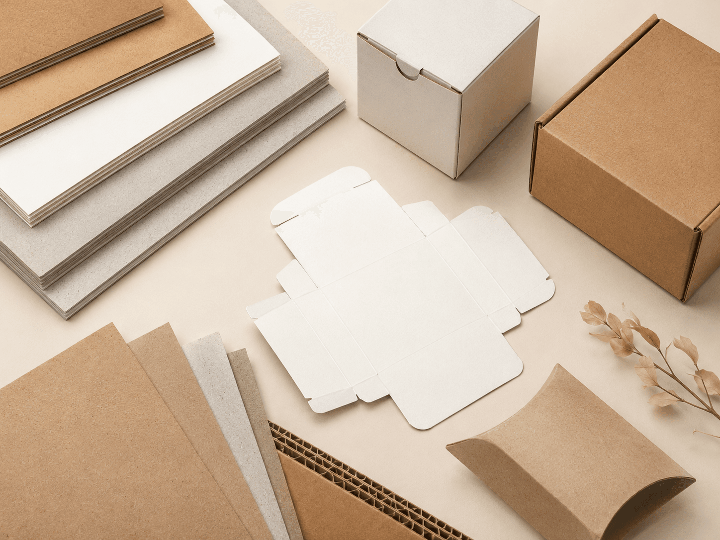 Flat lay of recyclable paperboard sheets and packaging samples showing different sustainable board choices.