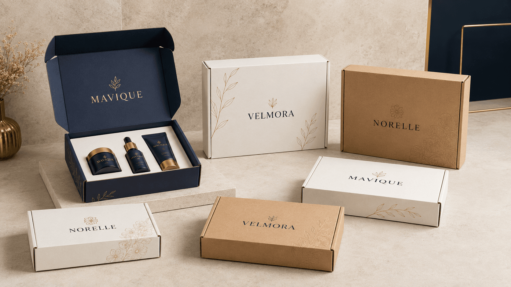 Premium custom mailer boxes with sleek printed branding, corrugated textures and elegant finishes prepared for a fast ecommerce launch.