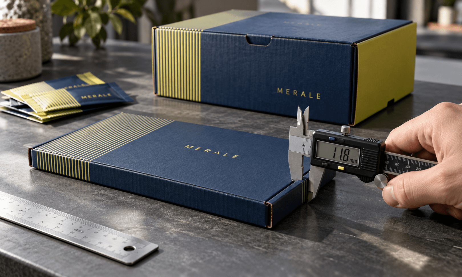 Two custom postal mailers on a packing bench, with callipers checking the thickness of the slimmer closed box.