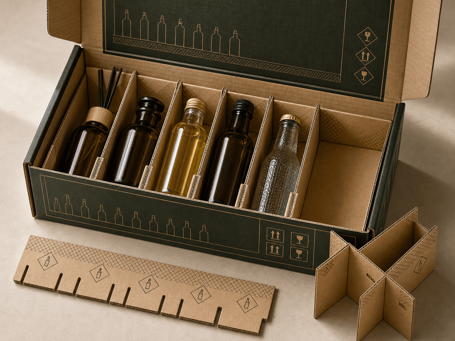 Open custom box with cardboard bottle dividers separating fragile glass bottles into protective individual compartments.