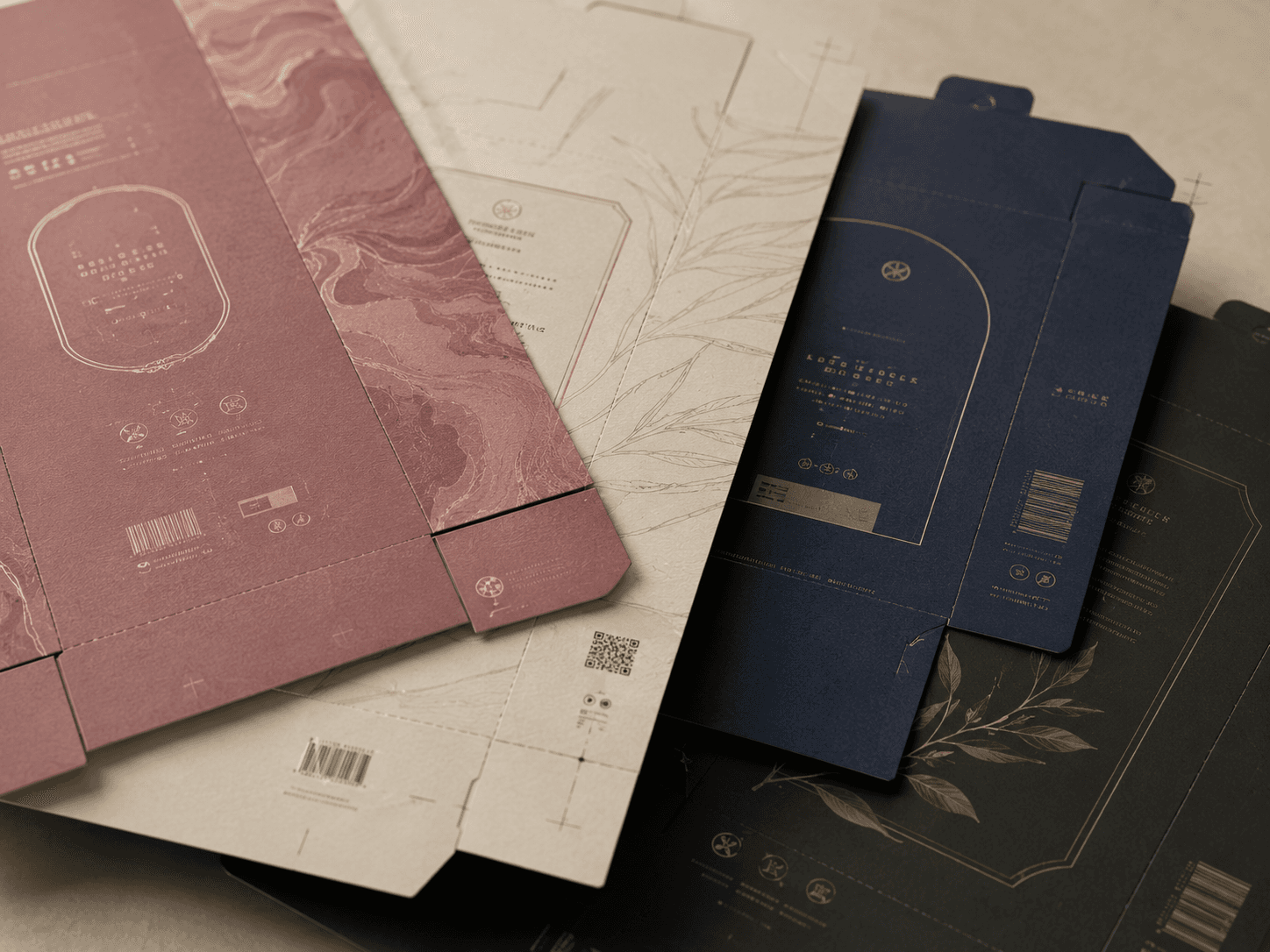 Soft touch laminated flat packaging artwork samples with smooth velvety finish and premium print details.