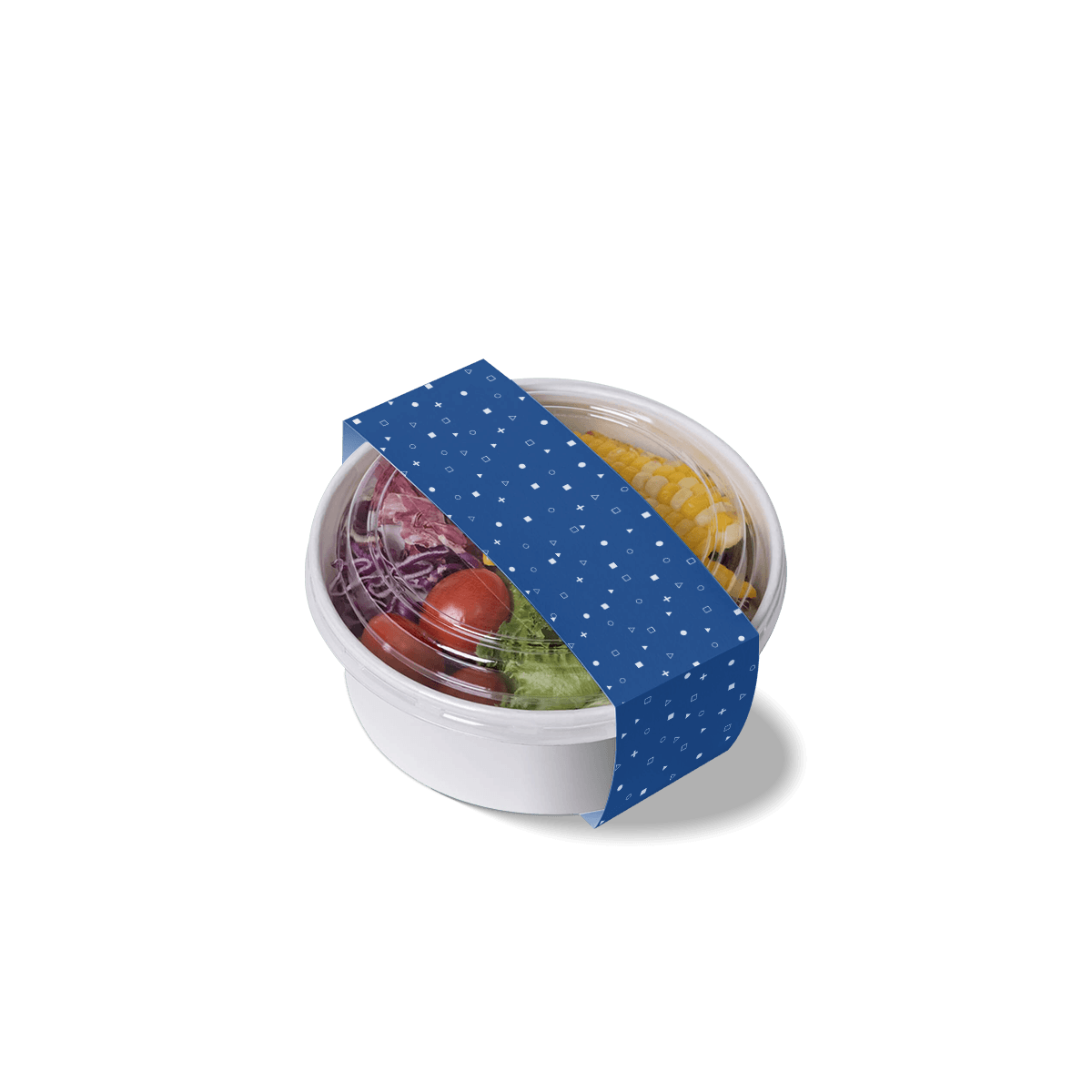 Food packaging sleeves in printed paperboard wrapped around takeaway trays and food cartons, styled for bakery and restaurant packaging.
