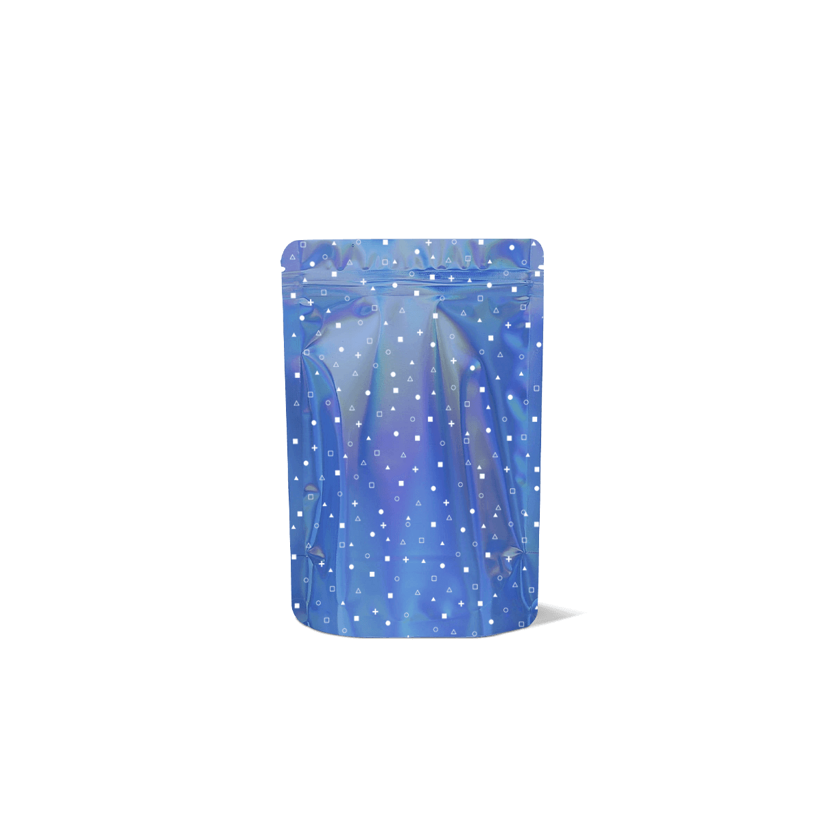 Holographic mylar bags with iridescent printed surfaces and sealed pouch construction, shown for bold retail branding and high-impact product packaging.