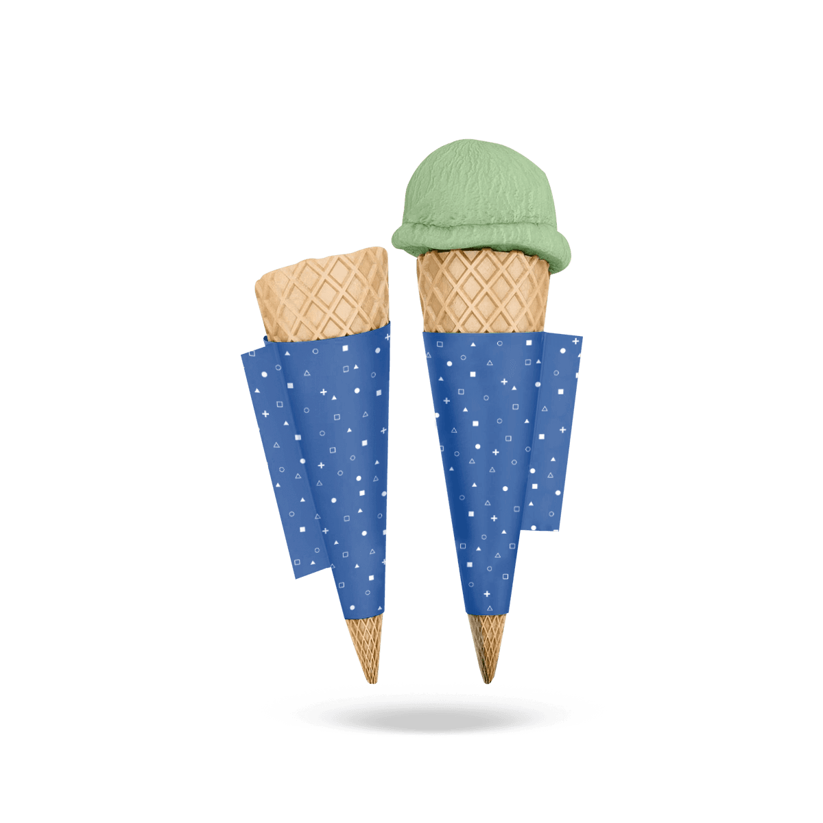 Custom printed cone sleeves with colourful paperboard branding, displayed for ice cream, waffle cone and takeaway dessert packaging.