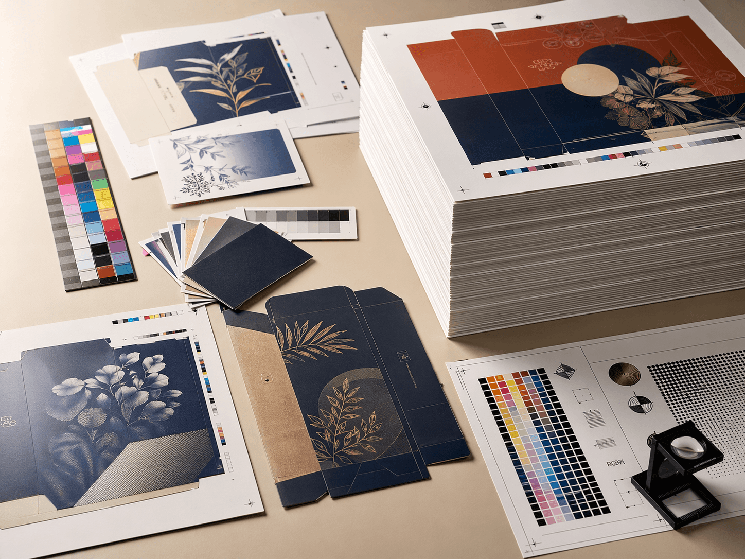 Printed paperboard sheets and carton samples illustrating digital and offset printing methods for custom packaging production.