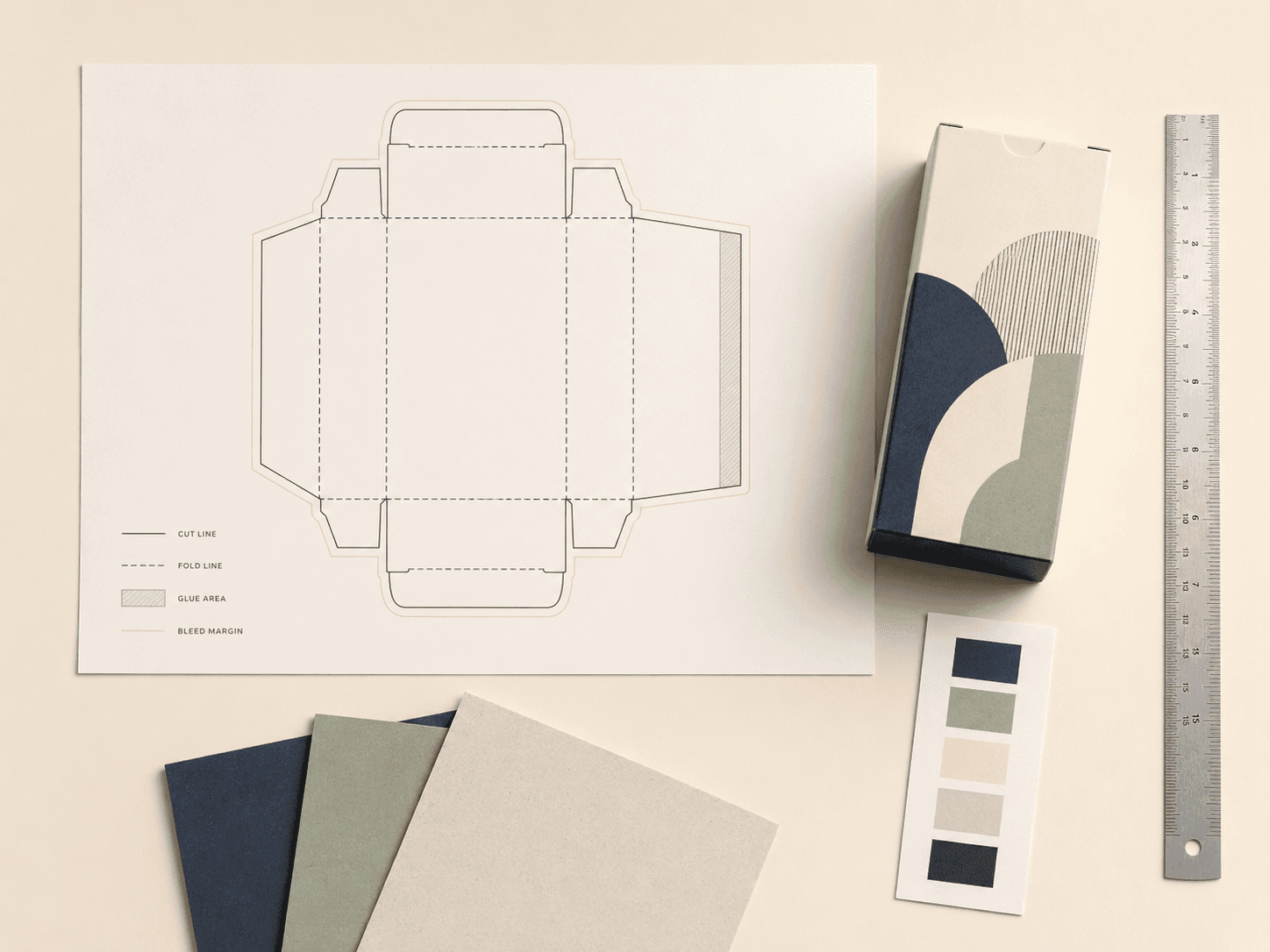 Flat packaging dieline sheet showing panels, folds, cuts, glue areas and bleed beside a finished box sample.