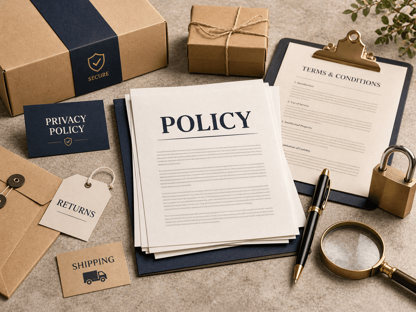 Warm editorial tabletop scene showing a neat Policies document with privacy, returns and shipping sections, styled with a pen, notebook and soft sunlight for a packaging website policy page.