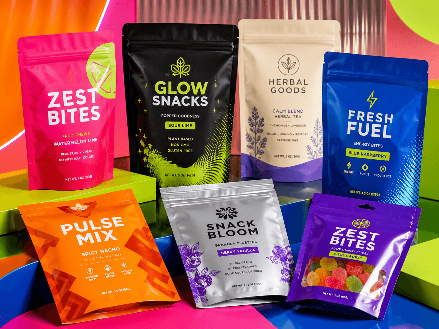 Printed Mylar bags in stand-up and flat pouch styles with custom branding.