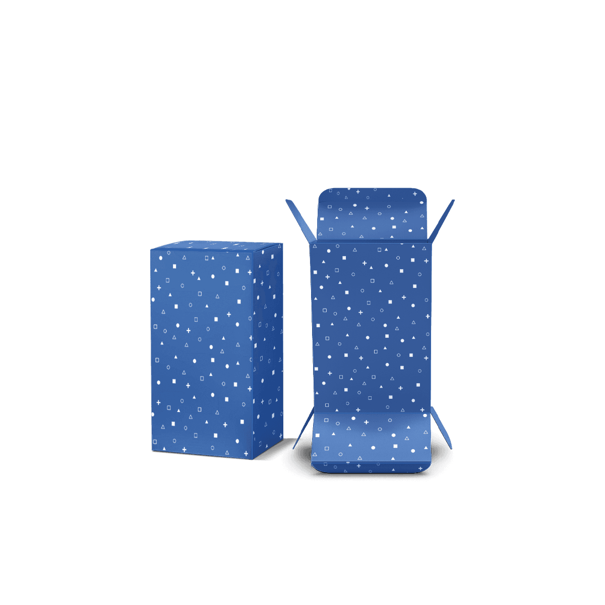 Reverse tuck end boxes in printed paperboard with opposite-facing tuck flaps, arranged to show the front panel and carton closure style.