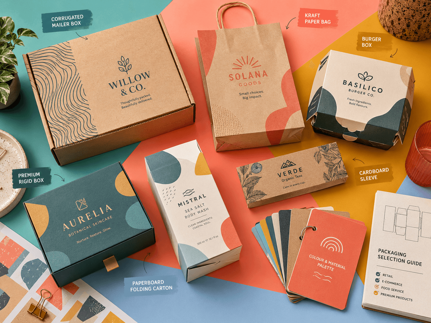 Different paper-based packaging options including mailer boxes, kraft paper bags, burger boxes and premium printed boxes for product packaging selection
