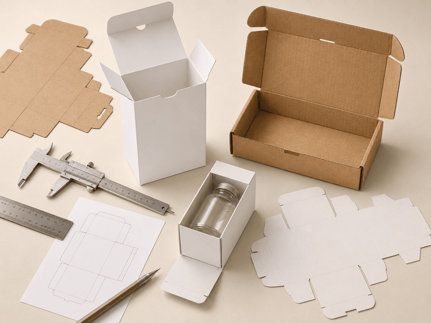 Blank structural packaging samples used to test size, folding, closure and product fit before printing.