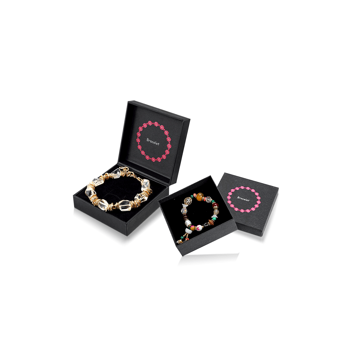 Custom bracelet boxes with printed jewellery packaging for bracelets, charm sets and retail gift display
